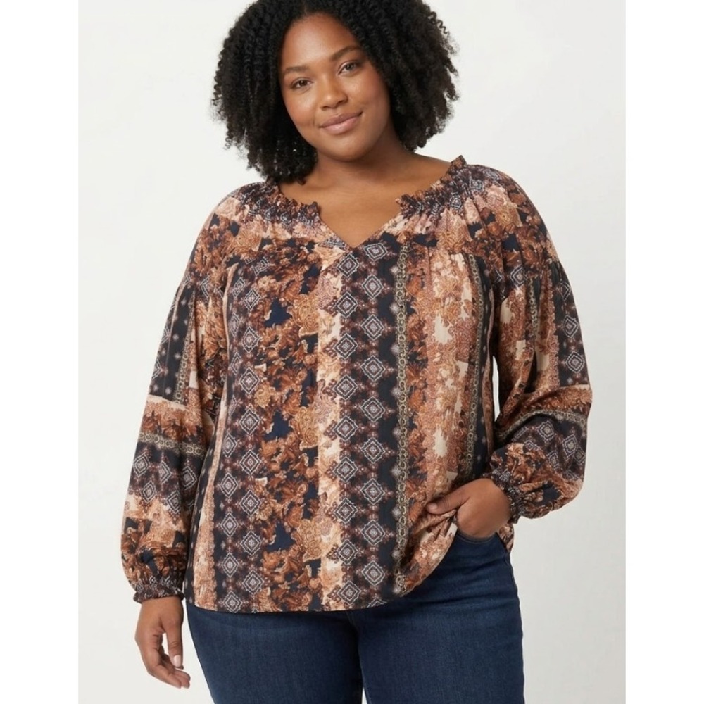 Nine West Brown Black Boho Print Ultra Soft Comfy Popover Blouse XL - Picture 1 of 10
